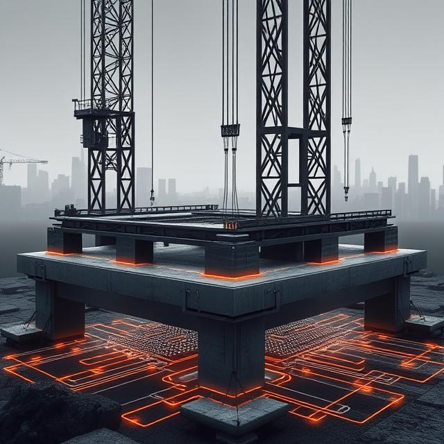 Digital construction site showing the foundation stage of a skyscraper built in gunmetal and bronze tones — representing the strategic groundwork of expertly crafted websites.