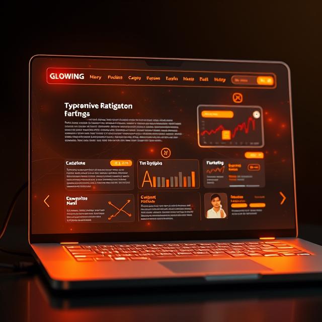Futuristic website design interface with glowing UI components, navigation menus, and glowing circuit lines on a dark background.