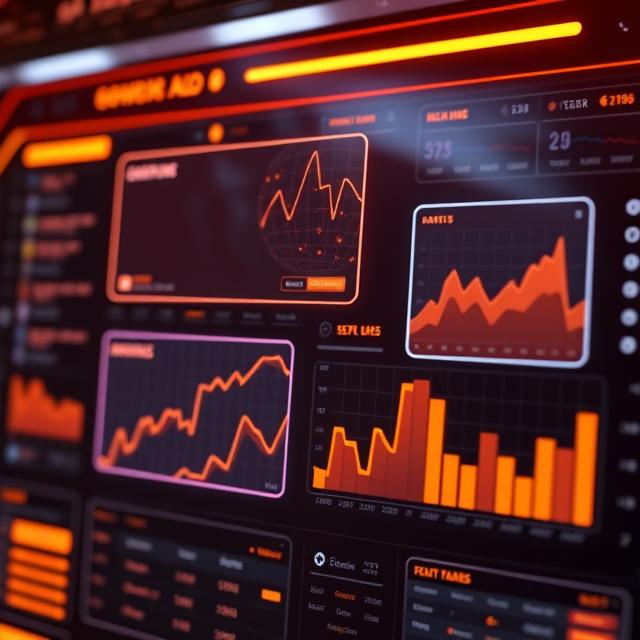 Futuristic digital advertising dashboard with glowing metrics, floating ad banners, and performance data visuals.