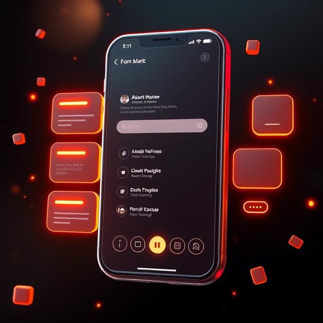 Digital product design concept showing a futuristic mobile app interface with glowing buttons and interactive menus on a dark background.