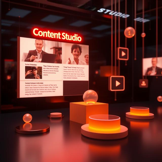 Futuristic content marketing visualization showing glowing blog headlines, video thumbnails, and downloadable guides floating in 3D space, connected by soft burnt orange data streams over a dark background.