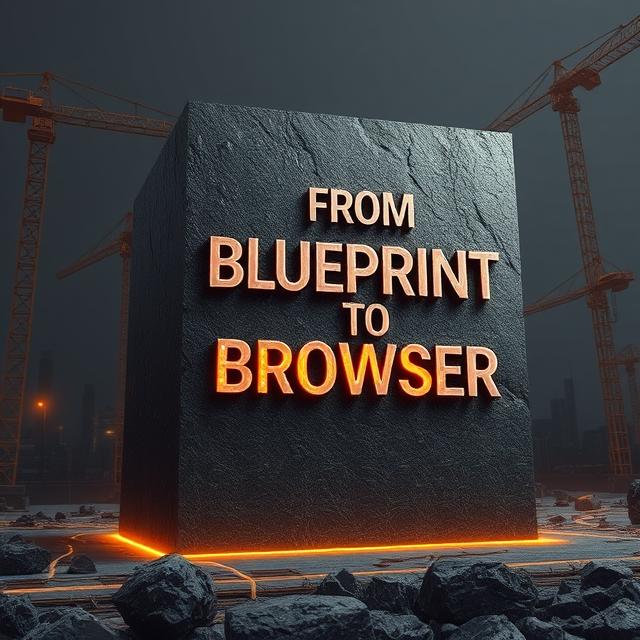Massive granite block reading 'From Blueprint to Browser', rendered in gunmetal with bronze accents — symbolizing expertly crafted web packages built with strategy, structure, and digital performance.