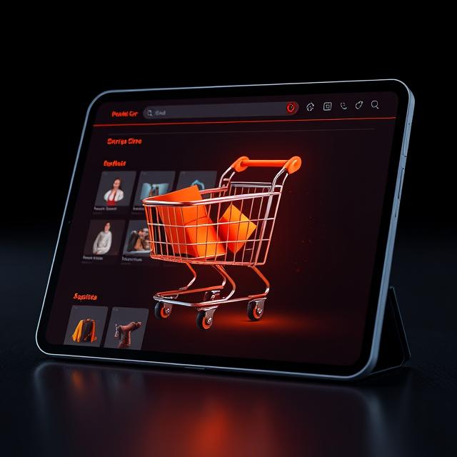 Shopping cart interface on a tablet screen with a burnt orange color scheme and dark background, displaying product items and checkout options.