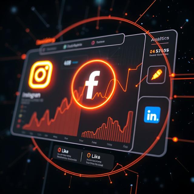 Futuristic digital content marketing concept with glowing social media icons floating from a sleek laptop screen. Warm gold and amber hues on dark background, showing engagement and conversion flow with light trails and subtle motion effects.