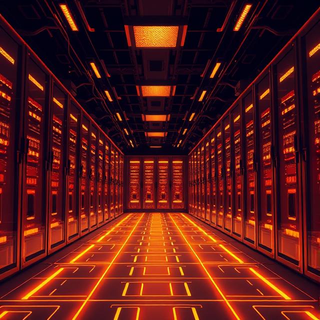 High-performance web hosting setup with glowing server racks, fiber optic cables, and data flow visuals in a futuristic tech environment.