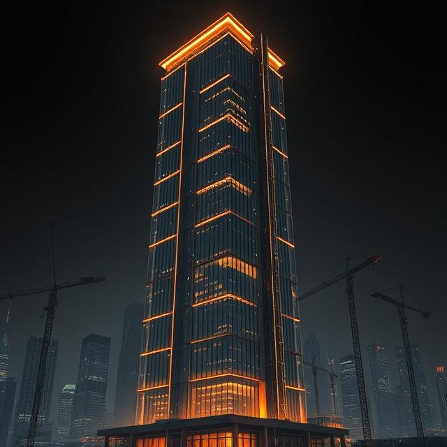 Fully completed skyscraper in gunmetal and bronze tones — representing polished, scalable web packages ready to launch and perform at the highest level.